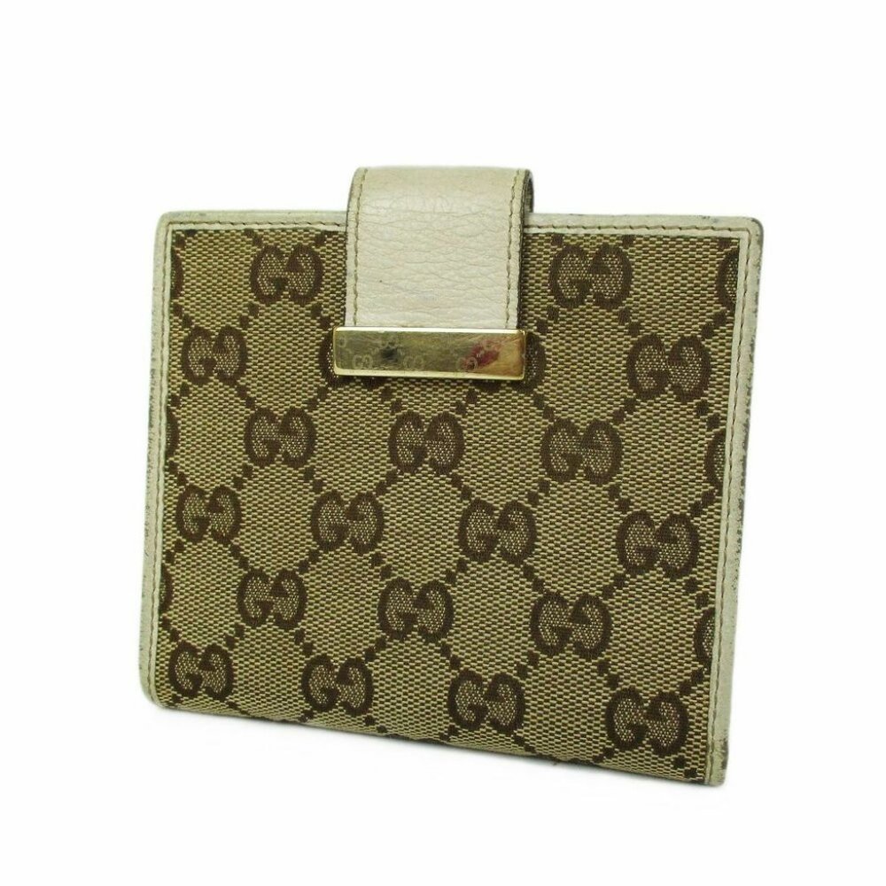 Auth GUCCI GG Canvas Leather Double Snap Wallet Purse White Italy F/S